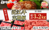 【定期便】近江牛定期便　ハンバーグ/切り落とし/角切り　全3回【FO54W】