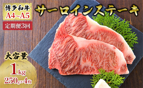 定期便 3ヶ月 牛肉 サーロイン ステーキ 合計1000g 博多和牛 A4～A5（250g×4枚）セット 3回 配送不可：離島 2137823 - 福岡県大刀洗町