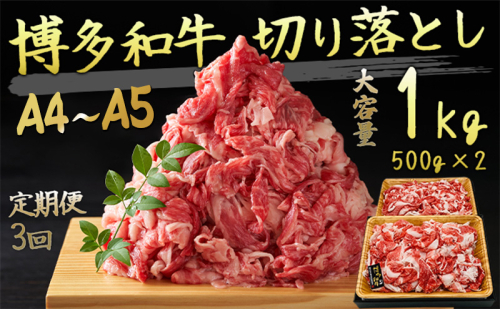 定期便 3ヶ月 牛肉 A4～A5 博多和牛 切り落とし 1000g (500g×2p) 黒毛和牛 肩ロース 赤身 バラ カルビ 小分け 大好評につき継続！3回 配送不可：離島 2137825 - 福岡県大刀洗町