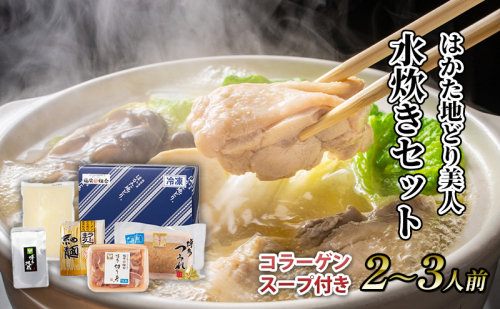 水炊き セット 2～3人前 コラーゲン スープ付き 福岡 限定！はかた地どり 美人水炊きセット 鶏 肉 とり肉 鳥肉 鶏肉 鍋 なべ ポン酢 地鶏 冷凍 贈答品 送料無料 配送不可：離島 2137852 - 福岡県大刀洗町