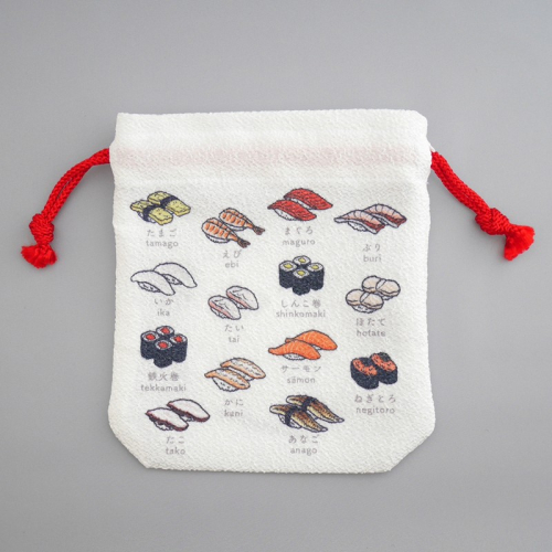 丹後ちりめん　にほんご巾着「sushi（寿司）」 サイズ：約13.5cm×17.5cm
 2140495 - 京都府京丹後市