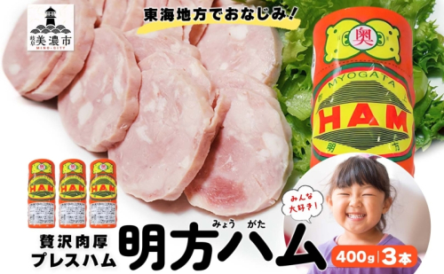 明方 ハム 3本 プレスハム JA ブランド 高級 豚肉 お肉 国産 熟成 塩分 控えめ 天然 豚腸 バーベキュー BBQ 加工品 お取り寄せ 贈答 ギフト 送料無料 めぐみの農業協同組合 岐阜県 美濃市 2141322 - 岐阜県美濃市