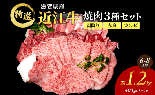 近江牛 特選 焼肉 3種盛り 約1.2kg(6～8人用)　国産　牛肉　牝牛　ブランド牛　3パック　滋賀県　豊郷町　BBQ　バーベキュー 2149916 - 滋賀県豊郷町
