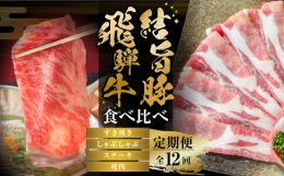 1回のご寄附で1年間楽しめる。毎月違う部位の飛騨牛や結旨豚が届く定期便です。■飛騨牛は日本を代表する高級和牛で、その美しい霜降りと甘みのある脂が特徴霜降りスライス：脂肪が程よく分散し、とろけるような濃