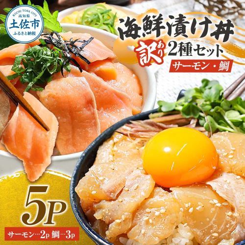 訳あり 海鮮漬け丼 タイ3P・サーモン2Pセット 1袋60g 真鯛 タイ サーモン 詰め合わせ お茶漬け 醤油 漬け 食べ比べ おつまみ 惣菜 鯛茶漬け 魚介類 海鮮 新鮮 天然 美味しい 活き締め 冷凍 配送 2153092 - 高知県土佐市