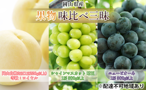 桃 ぶどう 2025年 先行予約 果物 味比べ三昧 岡山白桃 2玉 等級：ロイヤル（1玉220g以上）シャインマスカット 晴王 1房 ニュー ピオーネ 1房 詰合せ 岡山の桃 岡山の葡萄 2160111 - 岡山県高梁市