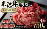 【全12回定期便】米沢牛切落し 750g×12回 F2Y-6242
