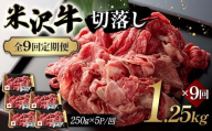 【全9回定期便】米沢牛切落し 1.25kg×9回 F2Y-6249
