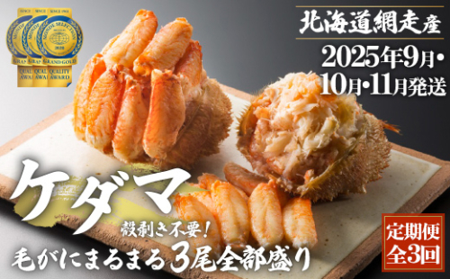 『定期便 全3回』ケダマ≪毛がにまるまる1尾全部盛り×3尾入≫【2025年9月・10月・11月発送】＜網走産＞ ABAH026 2163675 - 北海道網走市