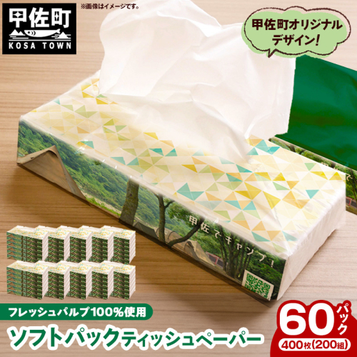 ティッシュペーパーソフトパック　４００枚（２００組）６０パック - ソフトパック ティッシュ ペーパー 生活用品 雑貨 日用品 必需品 紙 常備品 まとめ買い 備蓄 防災 ストック 熊本県 甲佐町 2164491 - 熊本県甲佐町