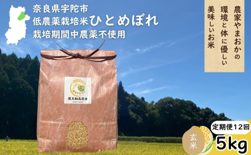 【定期便12回】ひとめぼれ 低農薬栽培＜令和7年産 玄米 5kg ＞ / ふるさと納税 低農薬 米 お米 こめ コメ 国産 新米 玄米 一等米 農家やまおか 奈良県 宇陀市陀市 ふるさと納税 2167589 - 奈良県宇陀市