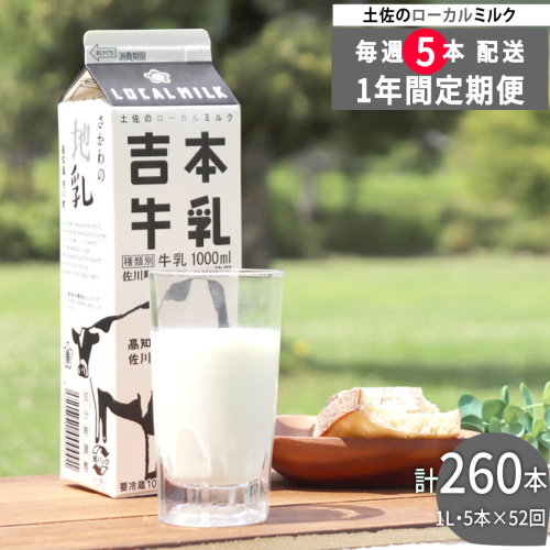 ＜（1年間定期便／52週連続発送）吉本牛乳（さかわの地乳）1L×5本 合計260本セット＞牛乳定期便 高知県 佐川町 成分無調整 ぢちち ★★本数・間隔の変更はできません★★ 2167638 - 高知県佐川町