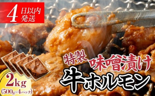 BZ023　【４日以内発送】特製味噌漬け牛ホルモン大容量2kg(500g×4)【配送不可：離島】◆肉 牛 もつ ホルモン 牛肉 焼肉 おかず ビール つまみ 小腸 味噌 小分け パック おすすめ 2168488 - 静岡県静岡市