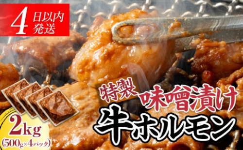 BZ023　【４日以内発送】特製味噌漬け牛ホルモン大容量2kg(500g×4)【配送不可：離島】◆肉 牛 もつ ホルモン 牛肉 焼肉 おかず ビール つまみ 小腸 味噌 小分け パック おすすめ 2168488 - 静岡県静岡市