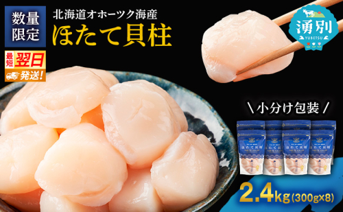 【最短当日発送】北海道オホーツク 湧別沖 ほたて 玉冷小分け パック  2.4kg（300g×8P）【 ホタテ 帆立 ほたて スタンドパック 海鮮 刺身 貝 貝柱 魚介 魚介類 冷凍 北海道 湧別町 】 2174154 - 北海道湧別町