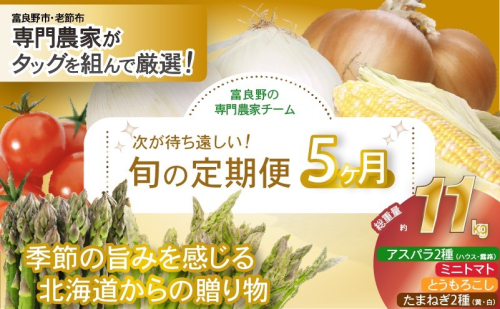 【2026年発送】全5回 富良野 専門農家が選ぶ 旬の贅沢 定期便 北海道 富良野市 老節布 野菜 アスパラ ハウス 露地 ミニトマト とうもろこし スイートコーン 玉ねぎ たまねぎ 玉葱 甘い 2174204 - 北海道富良野市
