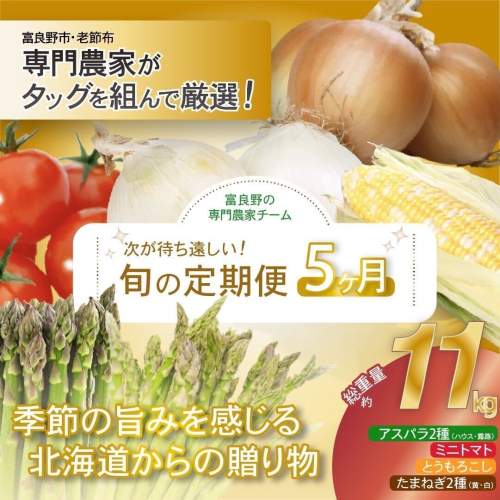【2026年発送】全5回 富良野 専門農家が選ぶ 旬の贅沢 定期便 北海道 富良野市 老節布 野菜 アスパラ ハウス 露地 ミニトマト とうもろこし スイートコーン 玉ねぎ たまねぎ 玉葱 甘い 2174204 - 北海道富良野市