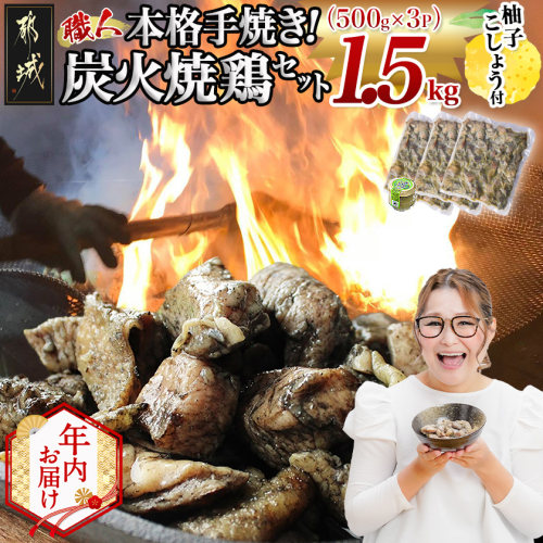 【年内お届け】本格手焼き!炭火焼鶏1.5kg(500g×3P)ゆずこしょう付≪2025年12月15日～31日お届け≫_AA-1413-HNY 2174914 - 宮崎県都城市