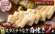 【二の丑(7/31)までに配送】【数量限定】鹿児島県産！秘伝の特上スタミナうなぎ白焼き＜2尾・計240g以上＞焼肝20ｇ付き！ a4-063-us2