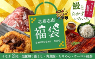 【二の丑(7/31)までに配送】志布志市福袋！鰻とおかずいろいろセット(霧島湧水鰻2尾＆釜揚げちりめん＆黒豚ウデ切り落とし＆ウーロン紅茶＆角煮飯) ウナギ 蒲焼 2尾 バラエティ お楽しみ b8-034-us2