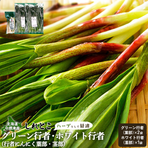【ハーブとして最適】行者にんにく3袋（葉部・茎部）グリーン行者×2袋 ホワイト行者×1袋【20019】 2182753 - 北海道中標津町