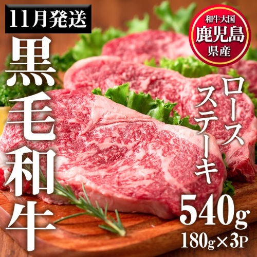 No.510-m11 ＜2025年11月中に発送予定＞鹿児島県産黒毛和牛ロースステーキ(計540g・180g×3P)国産 九州産 牛肉 黒毛和牛 和牛 ロース ステーキ おかず 冷凍【カミチク】 2196695 - 鹿児島県日置市