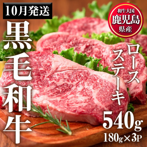 No.510-m10 ＜2025年10月中に発送予定＞鹿児島県産黒毛和牛ロースステーキ(計540g・180g×3P)国産 九州産 牛肉 黒毛和牛 和牛 ロース ステーキ おかず 冷凍【カミチク】 2196980 - 鹿児島県日置市