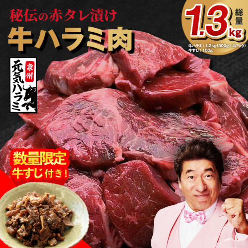 【年内発送】牛ハラミ肉 総量 1.3kg（ハラミ 300g×4P+牛すじ 100g）秘伝の赤タレ漬け【牛肉 焼肉用 焼くだけ はらみ 小分け BBQ やきにく 肉厚 人気 高評価 訳あり サイズ不揃い】 G1807y 2197450 - 大阪府泉佐野市