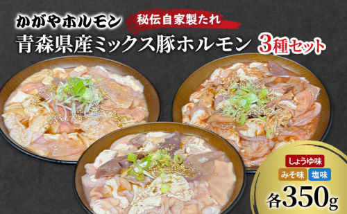 かがやホルモン 秘伝自家製たれ 当店自慢 青森県産 ミックス 豚 ホルモン 3種 セット みそ味 しょうゆ味 塩味 肉 豚肉 味付け肉 真空パック 2198531 - 青森県鶴田町