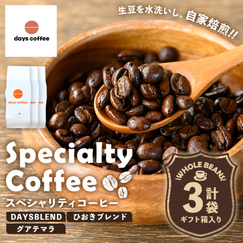 No.1190-B 自家焙煎コーヒー豆「スペシャリティコーヒー(DAYSBLEND/ひおきブレンド/グアテマラ)」(各200g×3袋・合計600g)【days coffee】 2200445 - 鹿児島県日置市