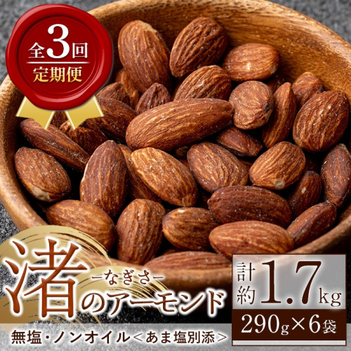 No.1035-C ＜定期便・連続3回＞渚のアーモンド(計1.74kg・290g×6袋) ナッツ おつまみ 無塩 ノンオイル 国内製造 アーモンド 常温 常温発送【末永商店】 2201553 - 鹿児島県日置市