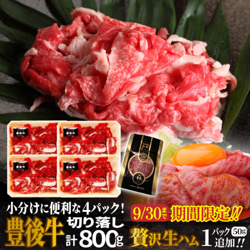 【期間限定】小分けで便利な4パック!豊後牛切り落し計800g+おおいた和牛の贅沢生ハム50g×1パック_2592R 2202817 - 大分県国東市