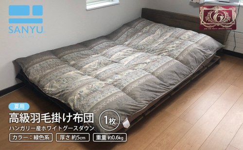 【夏用 重量約0.6kg】高級羽毛掛け布団(ハンガリー産ホワイトグースダウン)1枚(色：緑系)｜北海道 滝川市 布団 掛け布団 羽毛布団 羽毛 ダウン グースダウン グリーン 夏 ハンガリー 睡眠 2202968 - 北海道滝川市