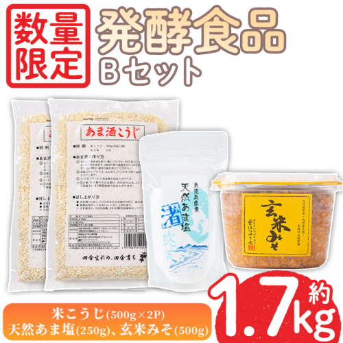 No.1256 ＜数量限定＞発酵食品Bセット！米こうじ(500g×2個)・天然あま塩(250g)・玄米みそ(500g) 味噌 みそ 無添加 麹 味噌汁 調味料 料理 お酒 無着色【日置市観光協会】 2210946 - 鹿児島県日置市