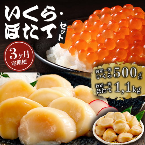 141-1 【定期便３か月】いくら醤油漬け500gほたて1.1kgセット×３回 2211830 - 北海道紋別市