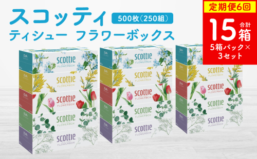 【定期便6回】【毎月お届け】【スコッティ】ティシュー フラワーボックス 250組 5箱パック×3セット 合計15箱 ティッシュ 日用品 生活必需品 消耗品 紙 まとめ買い 備蓄 防災備蓄 ストック デザインボックス 2212496 - 熊本県八代市