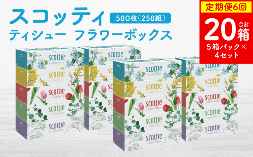 【定期便6回】【毎月お届け】【スコッティ】ティシュー フラワーボックス 250組 5箱パック×4セット 合計20箱 ティッシュ 日用品 生活必需品 消耗品 紙 まとめ買い 備蓄 防災備蓄  ストック デザインボックス 2212502 - 熊本県八代市