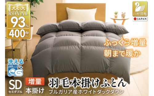 【冬用】洗える 羽毛布団 セミダブル 本掛け 増量 冬 掛け布団 ブルガリア産 ホワイトダックダウン93％ 1.4kg 400dp グレー 無地 抗菌防臭 羽毛本掛け布団 5つ星 ロイヤルゴールドラベル 抗菌防臭生地 防ダニ 羽毛 寝具 掛布団 布団 収納袋付 コインランドリー [川村羽毛 山梨県 韮崎市 20745107]