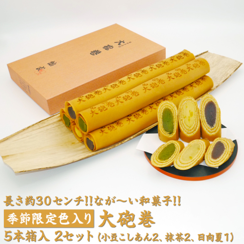 長さ約30センチ!!なが~い和菓子!!季節限定色入り大砲巻5本箱入(小豆こしあん2、抹茶2、日向夏1) 2セット|和菓子 スイーツ 和スイーツ デザート あんこ 小豆 抹茶 日向夏 お菓子 おやつ 贈答品 ギフト プレゼント お取り寄せ グルメ 手土産 おすすめ 人気 季節限定 愛知県 美浜町 飴文 大砲巻※離島への配送不可※2025年6月上旬~8月下旬頃に順次発送予定 2220351 - 愛知県美浜町