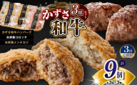 [ 定期便 3回 ] 肉総菜 3種セット 詰合せ 各3個 合計9個(和牛コロッケ・和牛 メンチ・かずさ和牛 ハンバーグ) 国産 和牛 お肉屋さんの手作り | かずさ和牛工房 上総和牛メディアで紹介される人気店! ジャパンフードセレクション 金賞 肉専門店 牛肉 牛 肉 にく 国産 メンチカツ お惣菜 セット おつまみ 揚げ物 オススメ 千葉県 君津市 きみつ [AKMKH-3]