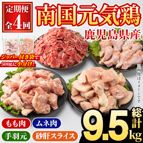 ＜定期便・全4回(隔月)＞鹿児島県産！南国元気鶏 もも肉・ムネ肉・手羽元・砂肝スライス定期便(総計9.5kg) 国産 九州産 鹿児島産 モモ肉 鶏モモ むね肉 胸肉 鶏ムネ 手羽元 砂肝 小分け 定期便 おかず おつまみ 【さるがく水産】akn028-43 2222498 - 鹿児島県阿久根市