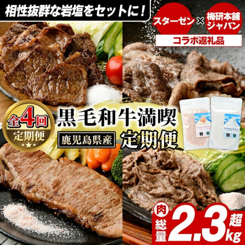 ＜定期便・全4回(4月・7月・10月・12月)＞岩塩付き！鹿児島県産 黒毛和牛満喫定期便 (総量2.3kg超) 国産 牛肉 モモ スライス サーロイン ステーキ 切り落とし ロース 焼肉 焼肉セット コラボ ピンク 岩塩 【スターゼン×梅研本舗ジャパン】akn501-05 2228825 - 鹿児島県阿久根市