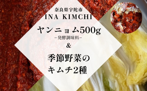 ヤンニョム500g ＆季節野菜のキムチ2種（各500g）／ ふるさと納税 キムチ ヤンニョムソース 赤キムチ 白キムチ 料理 グルメ INA Lab INA KIMCHI 取り寄せ 室生 奈良県 宇陀市 2229822 - 奈良県宇陀市