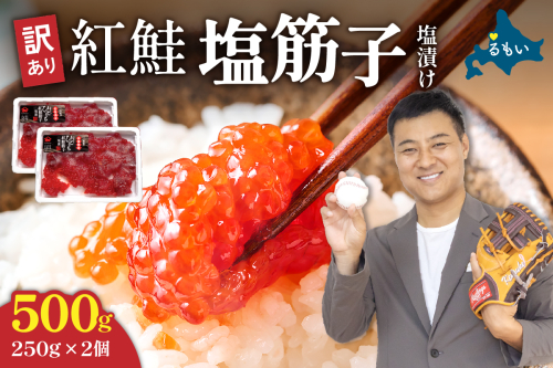 【年内配送　年内発送　北海道】すじこ 訳あり 北海道 紅鮭 塩 筋子 500g (250g×2個入） 加藤水産 ひとくちカット 不揃い 小分け 塩筋子 筋子塩漬け つまみ おつまみ魚介類 魚卵 鮭 いくら 冷凍 おせち R002-005 2231920 - 北海道留萌市