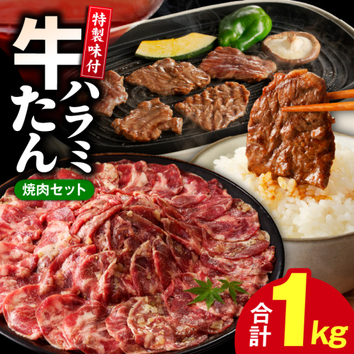 牛タン＆牛ハラミ お試し 1kg 焼肉セット【成型牛たん ハラミ 味付き 牛肉 やきにく BBQ 薄切り スライス 訳あり サイズ不揃い】 G3180 2232186 - 大阪府泉佐野市