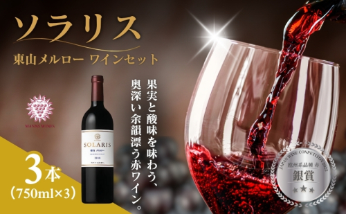 ソラリス 東山メルロー ワインセット 750ml×3本 赤ワイン お酒 ぶどう酒 晩酌 おうちディナー 飲み物 家飲み 宅飲み 果実香 複雑 おだやかな酸味 タンニン 2233244 - 長野県小諸市