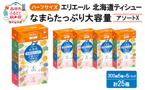 エリエール ハーフサイズ 収納に便利 コンパクト 少量5パック [アソートX] 北海道ティシュー 300組 5箱×5パック 計25箱 なまらたっぷり 大容量  防災 常備品 備蓄品 消耗品 日用品 生活必需品 送料無料 赤平市 2234157 - 北海道赤平市