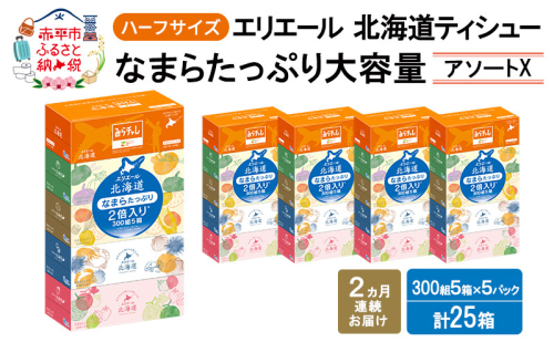 定期便 2ヵ月連続お届け エリエール ハーフサイズ 収納に便利 コンパクト 少量5パック [アソートX] 北海道ティシュー 300組 5箱×5パック 計25箱 なまらたっぷり 大容量  防災 常備品 備蓄品 消耗品 日用品 2234158 - 北海道赤平市
