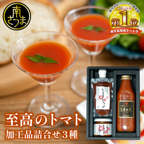 至高のトマト加工品詰合せ 3種類 南国 フルーツトマト100%使用 薩摩甘照 さつまあまてらす トマトジュース トマトケチャップ 濃厚 コク 甘み 天然素材 とまと 野菜 飲料 ドリンク ギフト 贈り物 贈答用 化粧箱入り 高槻電器工業 南さつま市 2237467 - 鹿児島県南さつま市