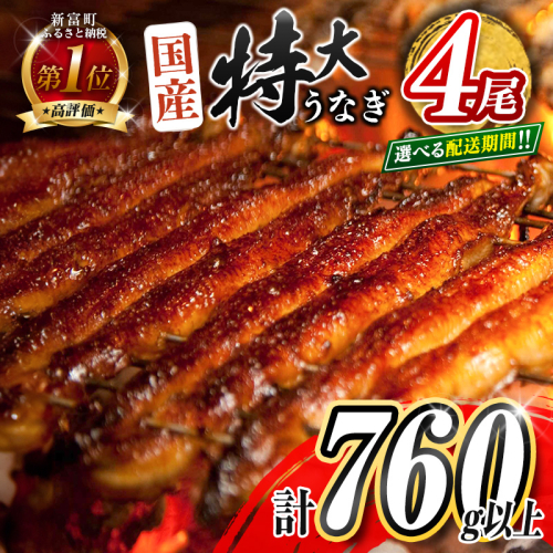 ＜選べる配送月＞特大 うなぎ 鰻楽 国産 蒲焼 4尾 人気 無頭 計760g以上 高評価 おすすめ 冷凍 簡単調理 個包装 鰻 魚介 贈答品 ギフト 贈り物【C388-mult】 2239435 - 宮崎県新富町